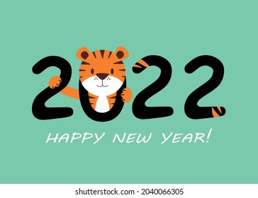 Happy New Year 2022. Tiger, Chinese symbol of the New Year 2022.  Vector illustration for congratulations. New year banner.