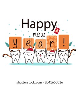 Happy New Year. 2022 Year Of The Tiger. Poster With Cute Smiling Cartoon Teeth On White Background. Stomatology Concept. Flat Style Cartoon Character Illustration. Dental Kids Care Banner. - Vector