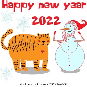 Happy new year 2022 new year tiger symbol of the year, snowflakes and snowman. Isolated cartoon elements. Congratulatory vector postcard.
