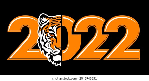 Happy new year 2022. Year of tiger, drawing tiger face and numbers 2022 for poster, brochure, banner, invitation card. Vector illustration on black background.