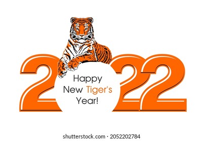 Happy new year 2022. Tiger lies on the number 2022. Template for poster, brochure, banner, invitation card. Vector illustration Isolated on transparent background.