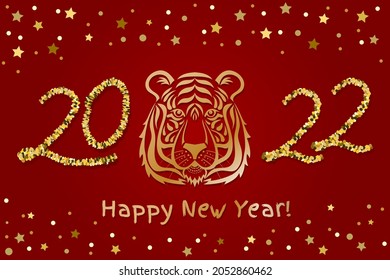 Happy new year 2022 of the tiger. Vector illustration of a golden tiger head isolated on a burgundy background. Suitable for poster, brochure, banner, invitation card, postcard.