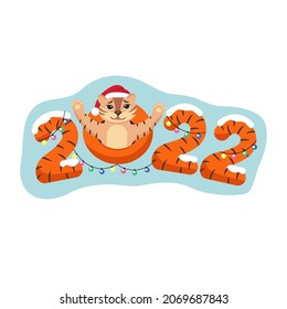 Happy New Year. 2022. The tiger cub is a symbol of the Chinese New year. Cute holiday vector illustration in cartoon style.
