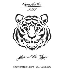 Happy new year 2022 year of tiger. Drawing head tiger. Design pattern for greeting card, poster, brochure, banner, flyer, calendar, party invitation. Vector illustration on isolated background