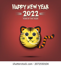 Feliz Año Nuevo. 2022 año del tigre. Tigre de bozal en forma de pelota de tenis. Balón de tenis en forma de tigre. Plantilla de diseño de tarjeta de felicitación. Ilustración del vector en el fondo aislado