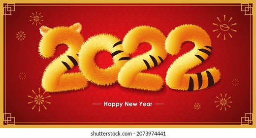 Happy New Year 2022. Tiger pattern 2022 with fireworks on red background.