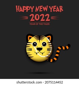 Happy New year. 2022 year of the tiger. Cute muzzle tiger in the form of a tennis ball. Tennis ball in the form of a tiger. Greeting card design template. Vector illustration on isolated background
