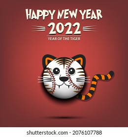 Happy New year. 2022 year of the tiger. Muzzle tiger in the form of a baseball ball. Baseball ball in the form of a tiger. Greeting card design template. Vector illustration on isolated background