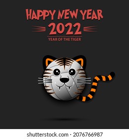 Happy New year. 2022 year of the tiger. Muzzle tiger in the form of a volleyball ball. Volleyball ball in the form of a tiger. Greeting card design template. Vector illustration on isolated background
