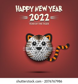 Happy New year. 2022 year of the tiger. Cute muzzle tiger in the form of a golf ball. Golf ball in the form of a tiger. Greeting card design template. Vector illustration on isolated background