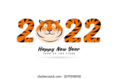 Happy New Year 2022  - Year Of Tiger Vector Illustration. Cute Chubby Tiger Isolated On White Background