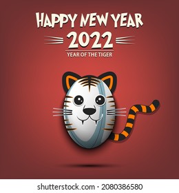 Happy New year. 2022 year of the tiger. Cute muzzle tiger in the form of a rugby ball. Rugby ball in the form of a tiger. Greeting card design template. Vector illustration on isolated background