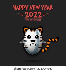 Happy New year. 2022 year of the tiger. Cute muzzle tiger in the form of a rugby ball. Rugby ball in the form of a tiger. Greeting card design template. Vector illustration on isolated background