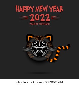 Happy New year. 2022 year of the tiger. Cute muzzle tiger in the form of a car wheel. Car wheel in the form of a tiger. Greeting card design template. Vector illustration on isolated background