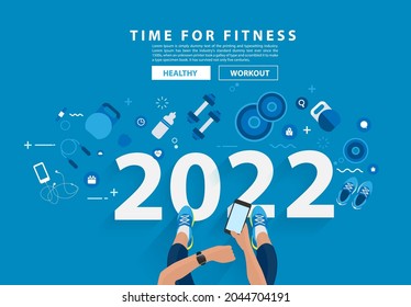 Feliz año nuevo 2022 tiempo para la puesta en forma en gimnasio diseño de ideas de estilo de vida saludable, ilustración vectorial plantilla de diseño moderno