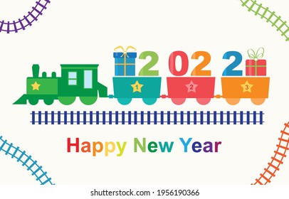 Feliz Año Nuevo 2022 tren con regalos, tarjeta de saludo de ilustración vectorial aislada en blanco