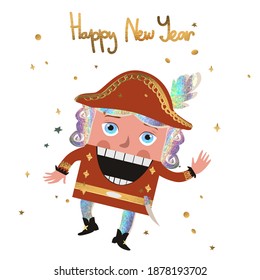 Happy New Year 2022! 
Trending nutcracker toy, with a holographic texture. Gold lettering and confetti. Cartoon, vector illustration, isolated on white background.