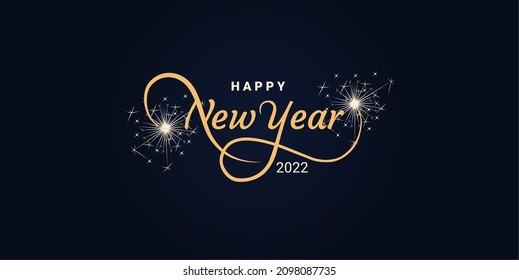 Happy New Year 2022 typography, with fireworks on dark blue background. Concept for holiday decoration, greeting card, poster, banner, flyer.