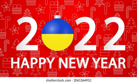 Happy New Year 2022 with Ukraine Flag.2022card with Christmas ball. Vector Illustration.Horizontal 2022 posters, cards, headers, website.