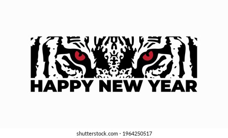 Happy New Year 2022. Vector illustration of abstract grunge tiger face with red eyes over white background for your poster, banner, invitation or greeting card design