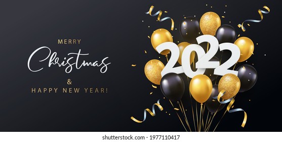 Happy New Year 2022. Vector illustration of paper cut 2022 with sparkling confetti, tinsel, gold and black 3d realistic flying balloons. Design for seasonal holidays flyers, greetings and invitations