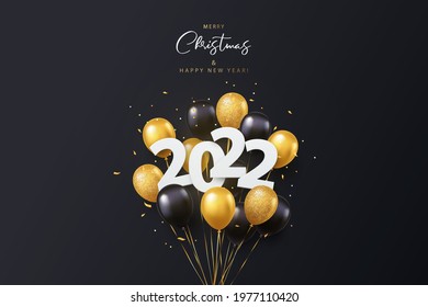 Happy New Year 2022. Vector illustration of paper cut 2022 with sparkling confetti, tinsel, gold and black 3d realistic flying balloons. Design for seasonal holidays flyers, greetings and invitations