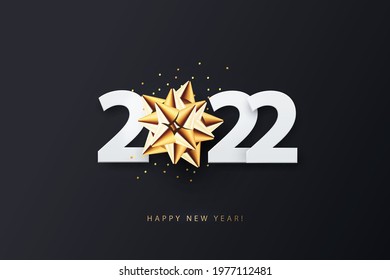 Happy New Year 2022. Vector illustration of paper cut 2022 with sparkling confetti and golden star bow. Design template in modern minimalist style for web, social media, print