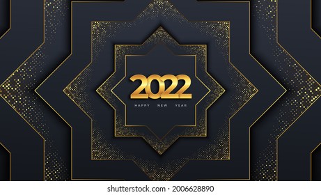 Happy New Year 2022. Vector holiday illustration. Gold figures on black textured backgrounds with sparkling glitter. A festive event banner with a ray of light. Modern poster or cover design