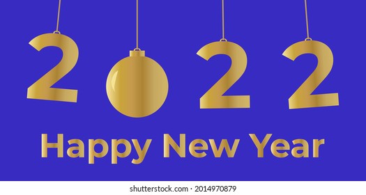 Happy New Year 2022 vector banner with golden Christmas balls on trendy classic blue color background. 