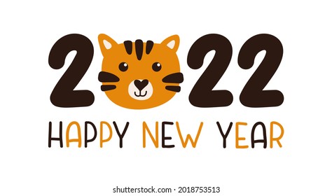 Feliz año nuevo 2022 ilustración vectorial con tigre lindo y letras en fondo blanco. Fondo horizontal del cartel. Ilustración de dibujos animados coloridos y modernos