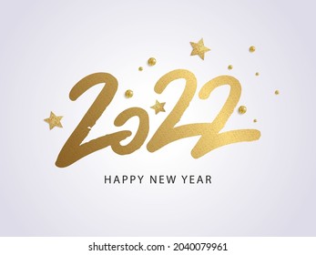 Feliz Año Nuevo 2022. Ilustración vectorial de vacaciones con el diseño de texto del logo 2022, confeti brillante y estrellas doradas brillantes sobre fondo blanco.