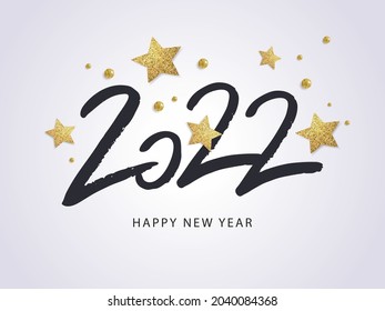 Happy New Year 2022. Vector holiday illustration with 2022 logo text design, sparkling confetti and shining golden stars on white background.