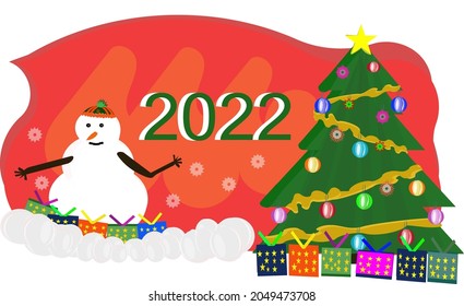 Happy new year 2022 vector concept with pine tree and snowman. Noel card design for new hopes and excitement with 2022.