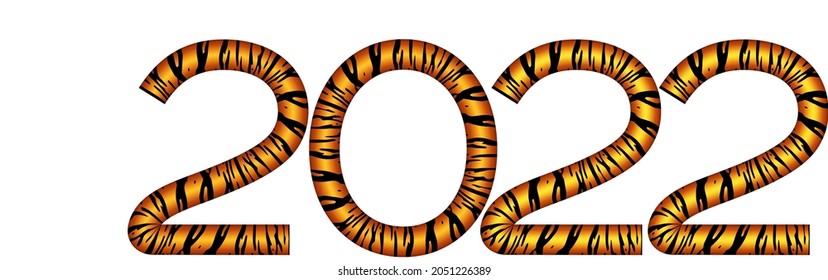 Happy New Year 2022. Vector numbers with Tiger stripe pattern. Creative card design with tiger fur texture. Chinese symbol of the New Year 2022. Vector illustration for congratulations.