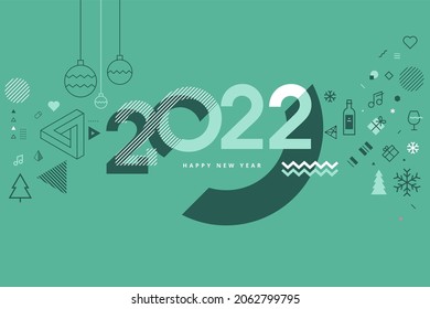 Happy New Year 2022. Vector illustration for greeting card, party invitation card, website banner, social media banner, background, cover design template, marketing material.