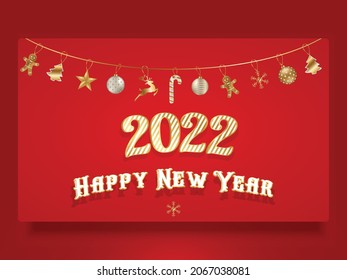 Happy New Year 2022 vector illustration with golden object decorative hanging