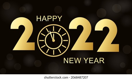 Happy New Year 2022. Vector New Year background with gold clock on black.