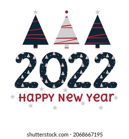 Happy New Year 2022! Vector illustration, bright on a white background, the text "Happy New Year". Flat abstract, geometric design. Suitable for holiday decor, card, poster, banner, flyer.
