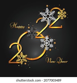 Happy New Year 2022 - Vector New Year background with gold numbers, shining snowflakes and stars on shining background. Christmas Greeting Card and Happy New Year Invitation.