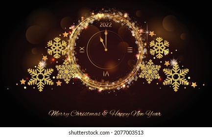 Happy New Year 2022 - Vector New Year background with gold clock on shining dark background. Christmas Greeting Card and Happy New Year Invitation with Shining Snowflakes. Vector illustration