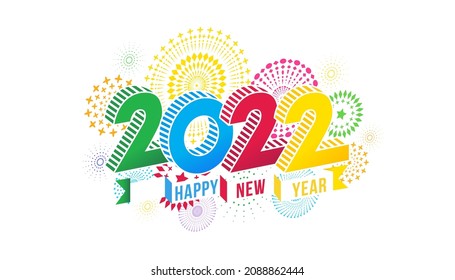 Happy New Year 2022. Vector illustration of the colorful fireworks and text on white background for holiday and celebration event.