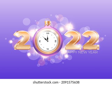 Alles Gute zum Neujahr 2022, Vektorvorlage. Goldene 3D-Zahlen und Weihnachtsball mit Uhren auf violettem Hintergrund. Kann als Grußkarte, Banner oder Einladung verwendet werden.