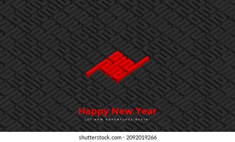Happy New Year 2022 Vector Illustration with 3D abstract maze background to Illustrate Confusion, Problem Solving, Exit, Business, direction, life choice.