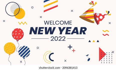 Alles Gute zum Neujahr 2022, Vektorgrafik, Text Frohes neues Jahr. Abstraktes, geometrisches Design im Flachstil. Konzept für Urlaubskarten, Plakate, Banner, Flyer