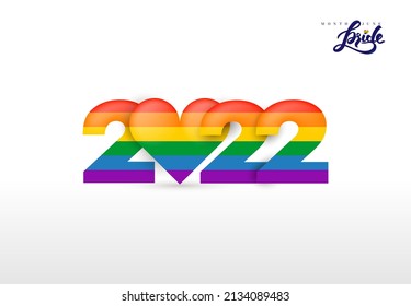 Happy New Year 2022. Vector logo lgbtq 2022 pride month with rainbow heart. The pride flag representing LGBTQ pride. Symbol of pride month june support. Isolated on white background.