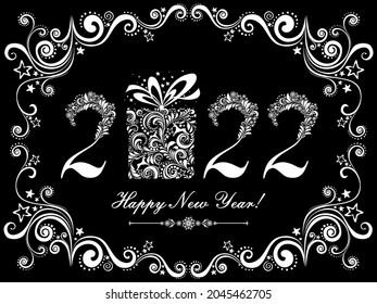 Happy new year 2022! Vintage card. Celebration black background with Christmas gift box, deer, snowflakes, stars and place for your text. Vector Illustration