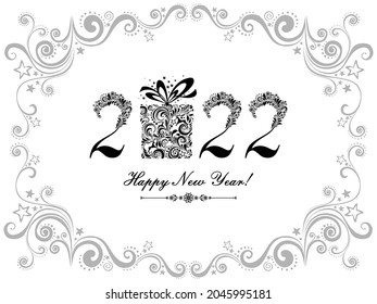 Happy new year 2022! Vintage card. Celebration white background with Christmas gift box, deer, snowflakes, stars and place for your text. Vector Illustration