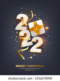 Happy New Year 2022. White 3D numbers with golden ribbons, gift box and confetti on a dark background.