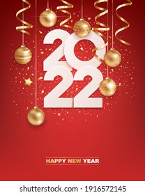 Happy New Year 2022. White Paper Numbers With Golden Christmas Decoration And Confetti On  Red Background. Holiday Greeting Card Design.