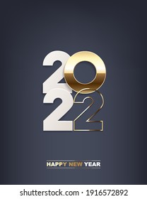Happy new year 2022. White paper numbers and golden numbers on dark blue background. Holiday greeting card design.